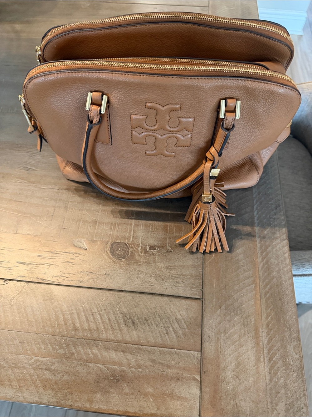 Tory Burch Cognac Leather Double-Zip Satchel with Tassel